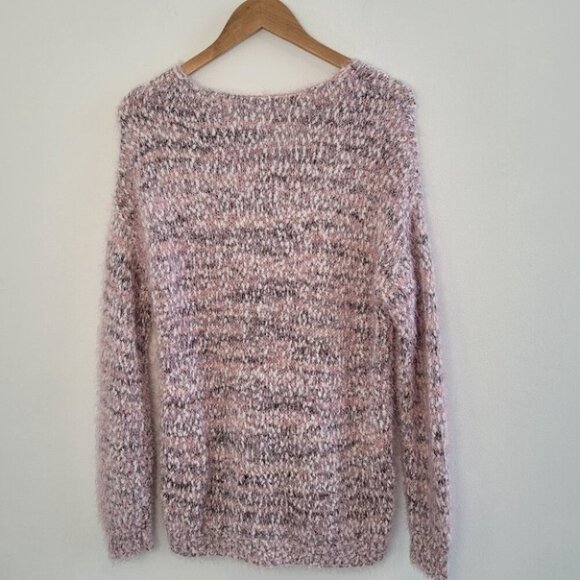 SO Pink & White Fuzzy Eyelash V-Neck Sweater Size Medium - Picture 7 of 11